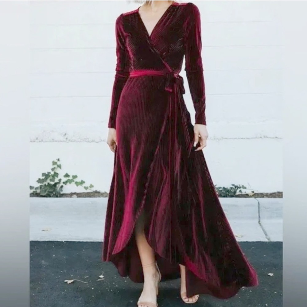 BALTIC BORN Jada Mulberry Burgundy Velvet Ribbed Wrap Maxi Dress Size XL
